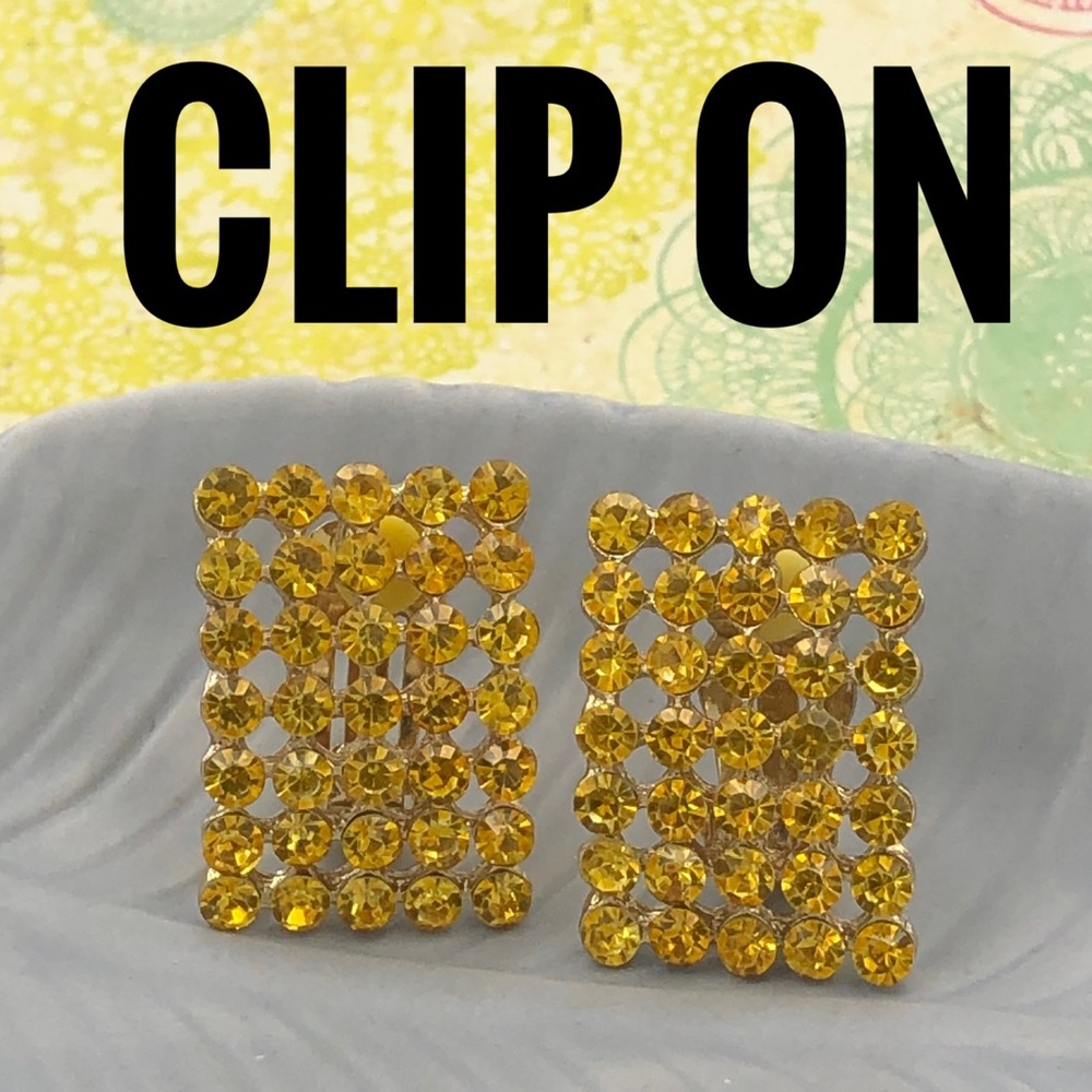 Citrine Yellow Rhinestone Fancy Clip On Gold Earrings